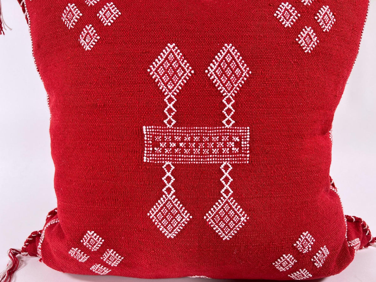 Red Moroccan Silk Pillow Cover, White Embroidered Boho Tassel Cushion, Tribal Kilim Style Decorative Pill - product image 4