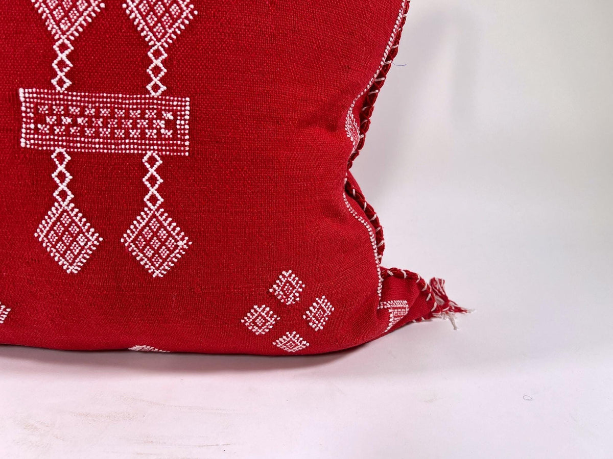 Red Moroccan Silk Pillow Cover, White Embroidered Boho Tassel Cushion, Tribal Kilim Style Decorative Pill - product image 8