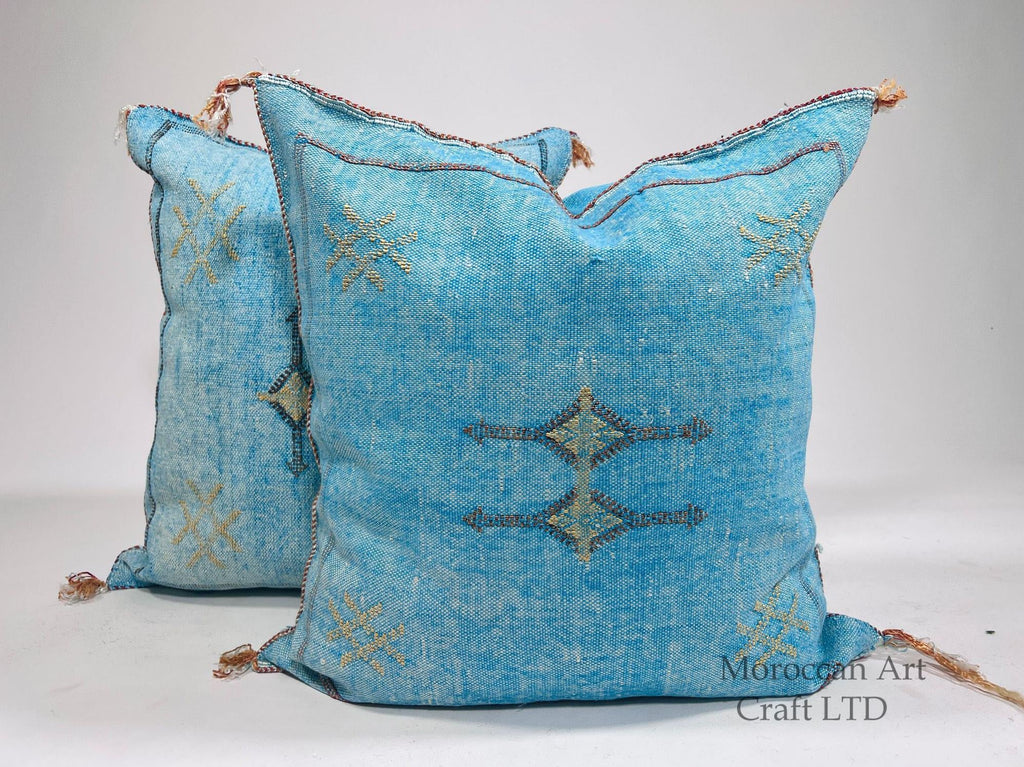 Blue Moroccan Silk Pillow Cover, Boho Kilim Cushion with Gold Embroidery, Handmade Tassel Throw Pillow Ca - product image 1