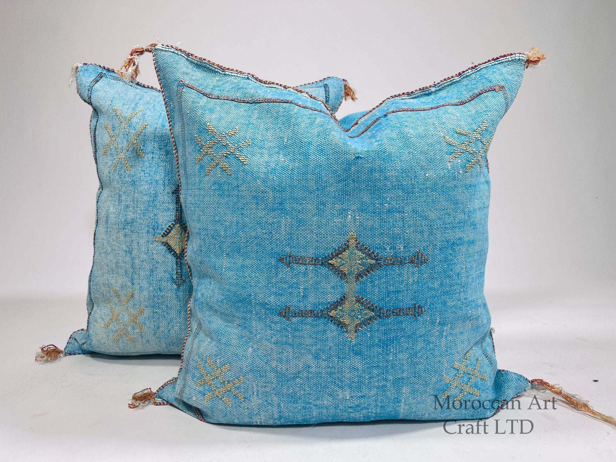 Blue Moroccan Silk Pillow Cover, Boho Kilim Cushion with Gold Embroidery, Handmade Tassel Throw Pillow Ca - product image 1