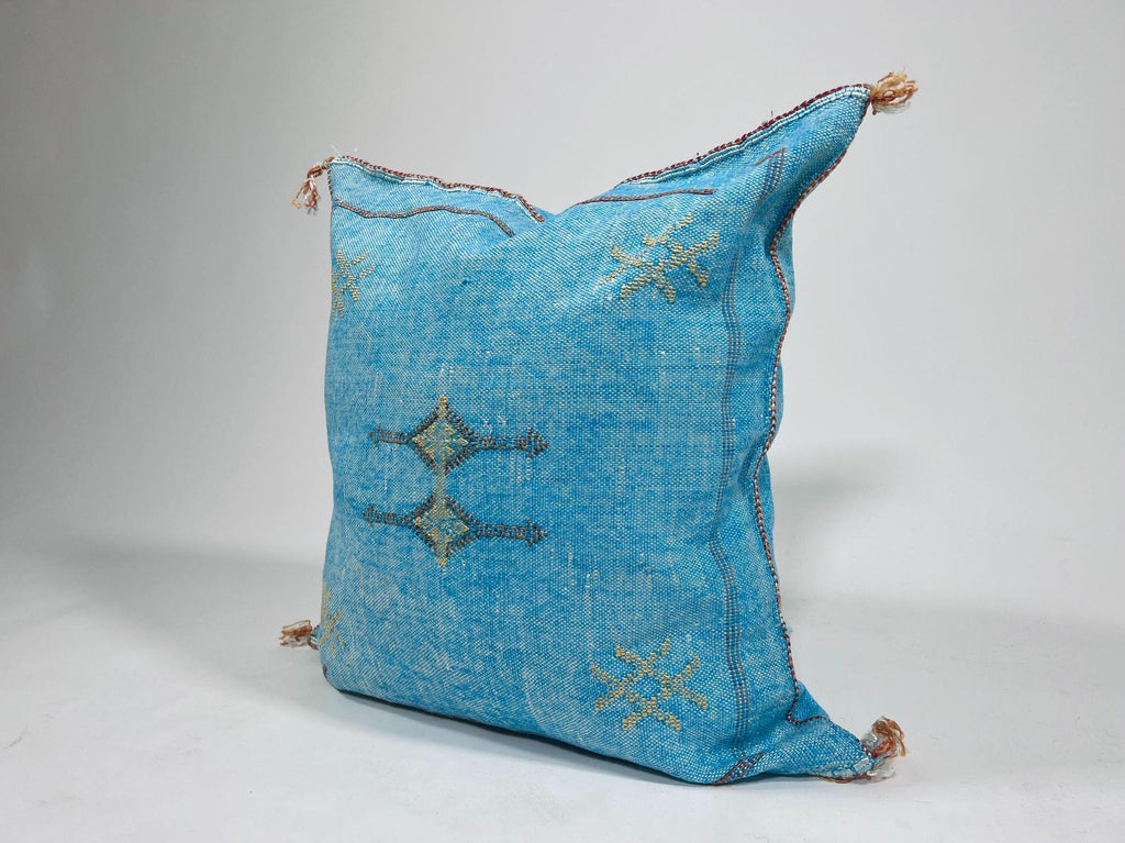 Blue Moroccan Silk Pillow Cover, Boho Kilim Cushion with Gold Embroidery, Handmade Tassel Throw Pillow Ca - product image 6