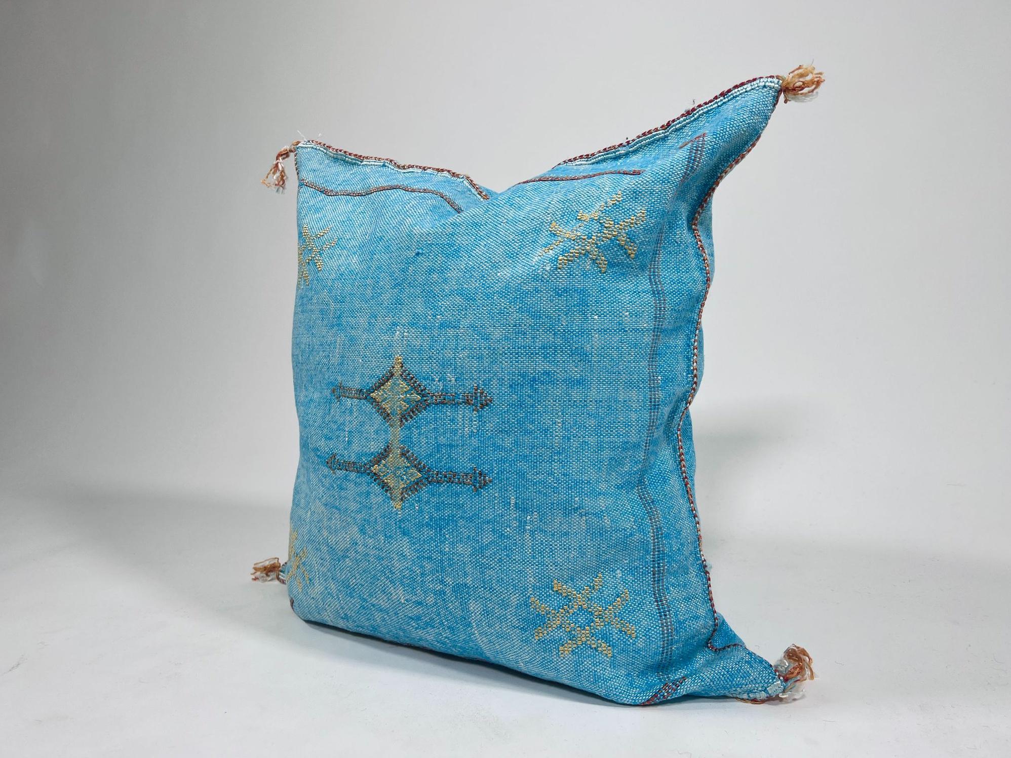 Blue Moroccan Silk Pillow Cover, Boho Kilim Cushion with Gold Embroidery, Handmade Tassel Throw Pillow Ca - product image 6