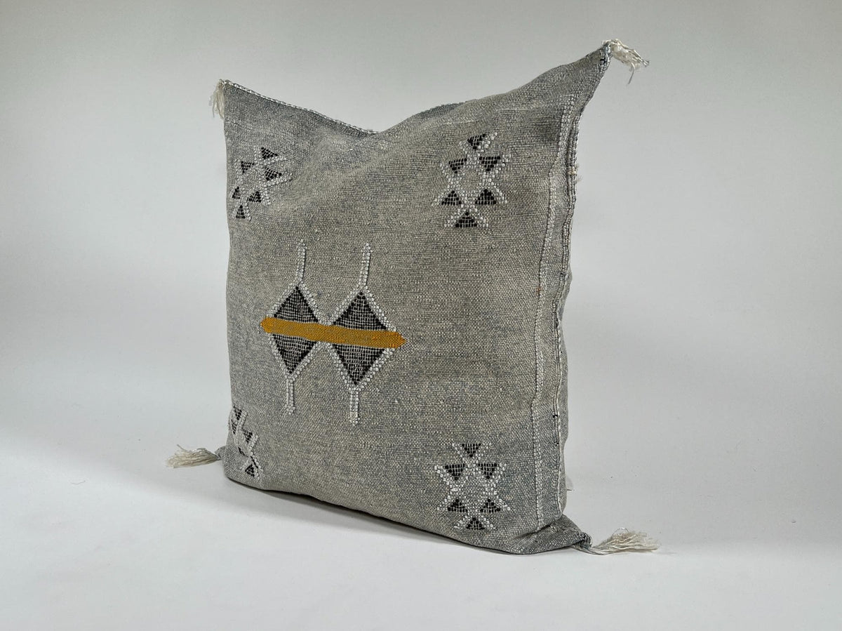 Gray Moroccan Silk Pillow Cover, Black White Geometric Embroidery, Mustard Accent, Boho Tassel Cushion - product image 3