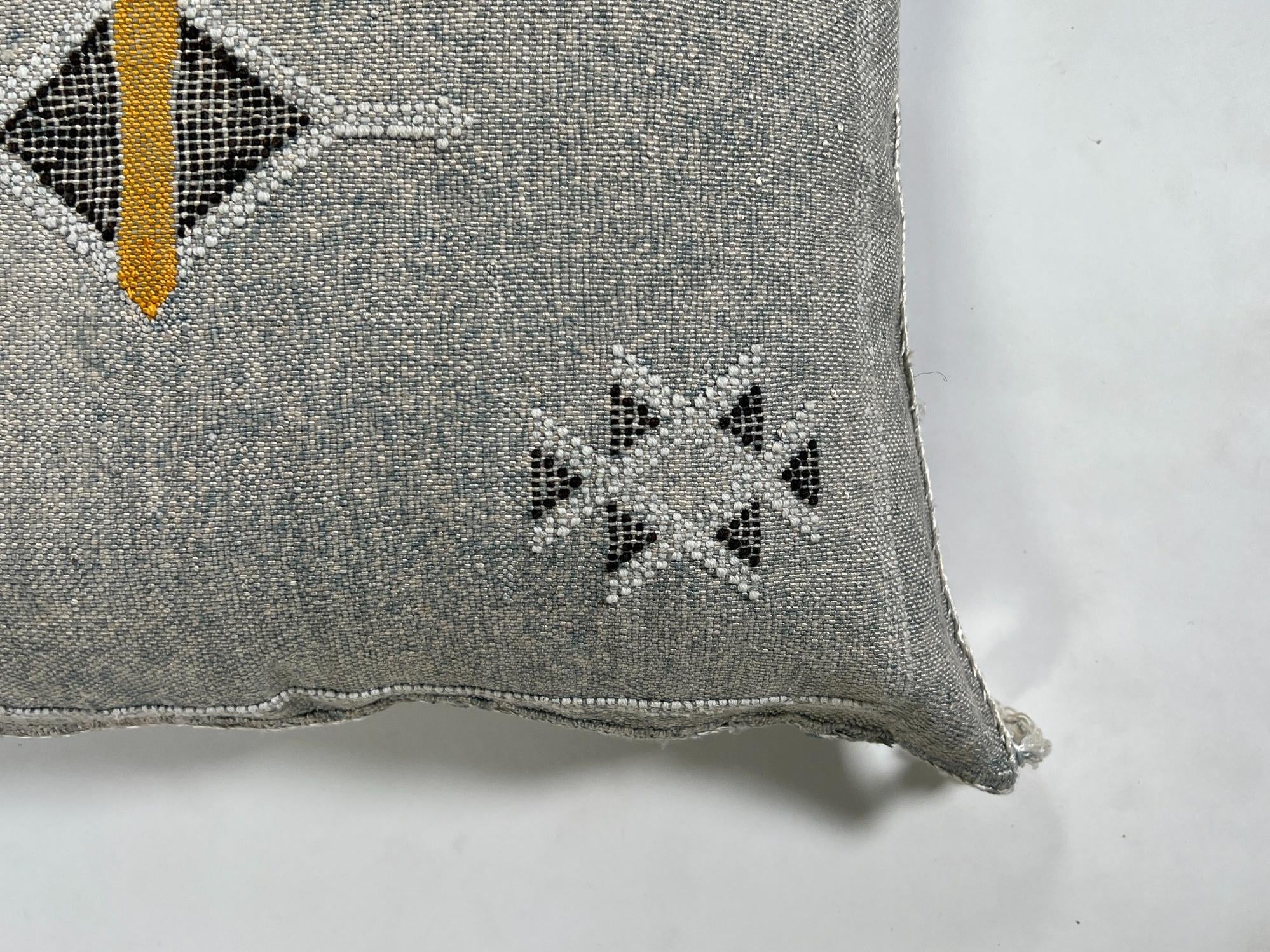 Gray Moroccan Silk Pillow Cover, Black White Geometric Embroidery, Mustard Accent, Boho Tassel Cushion - product image 6
