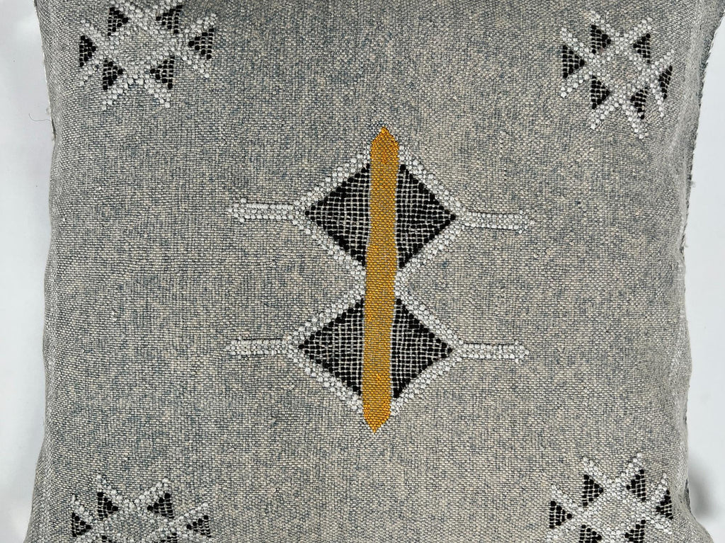Gray Moroccan Silk Pillow Cover, Black White Geometric Embroidery, Mustard Accent, Boho Tassel Cushion - product image 7