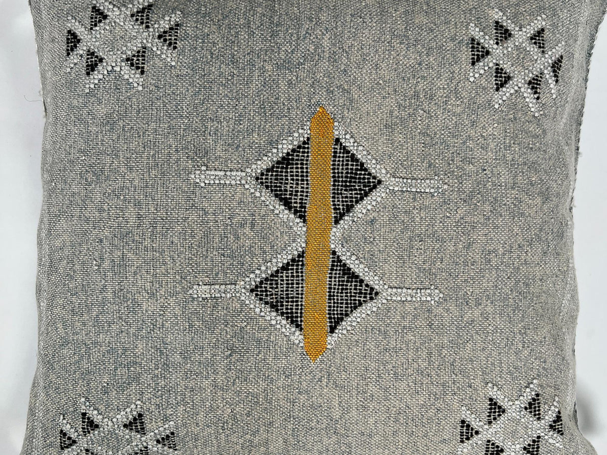 Gray Moroccan Silk Pillow Cover, Black White Geometric Embroidery, Mustard Accent, Boho Tassel Cushion - product image 7