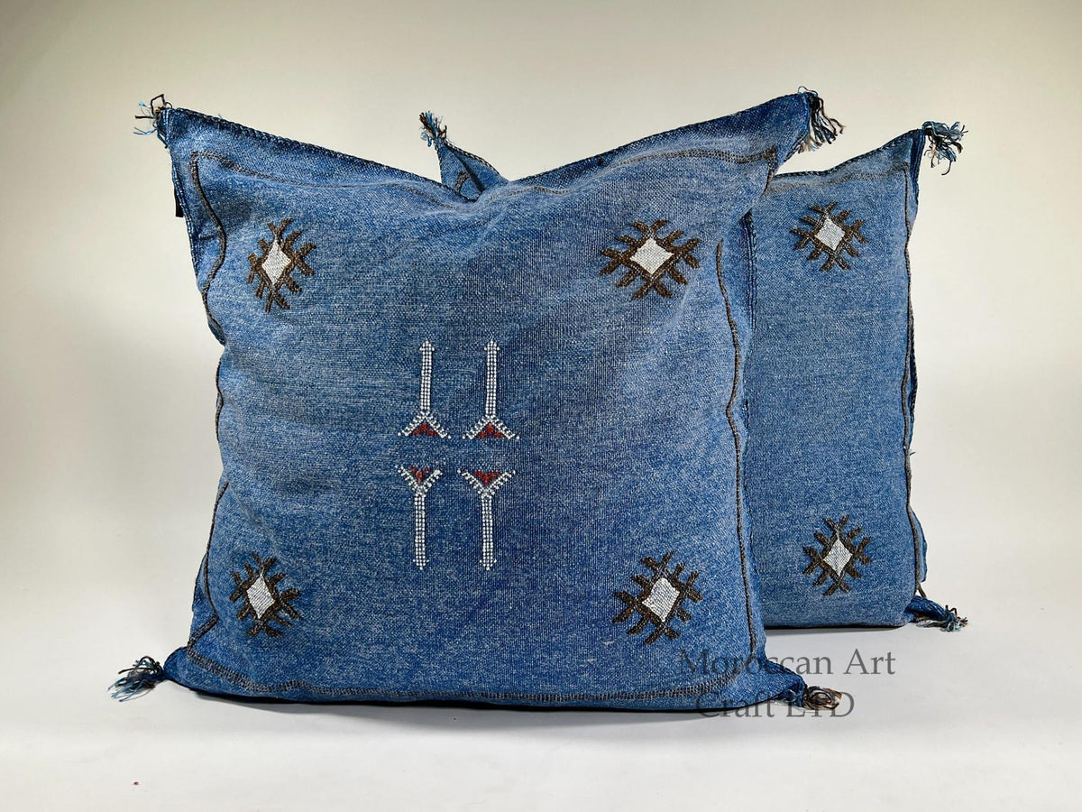 Blue Moroccan Silk Pillow Cover, Navy Boho Kilim Cushion, Handmade Tribal Pillow with Tassel Corners - product image 1