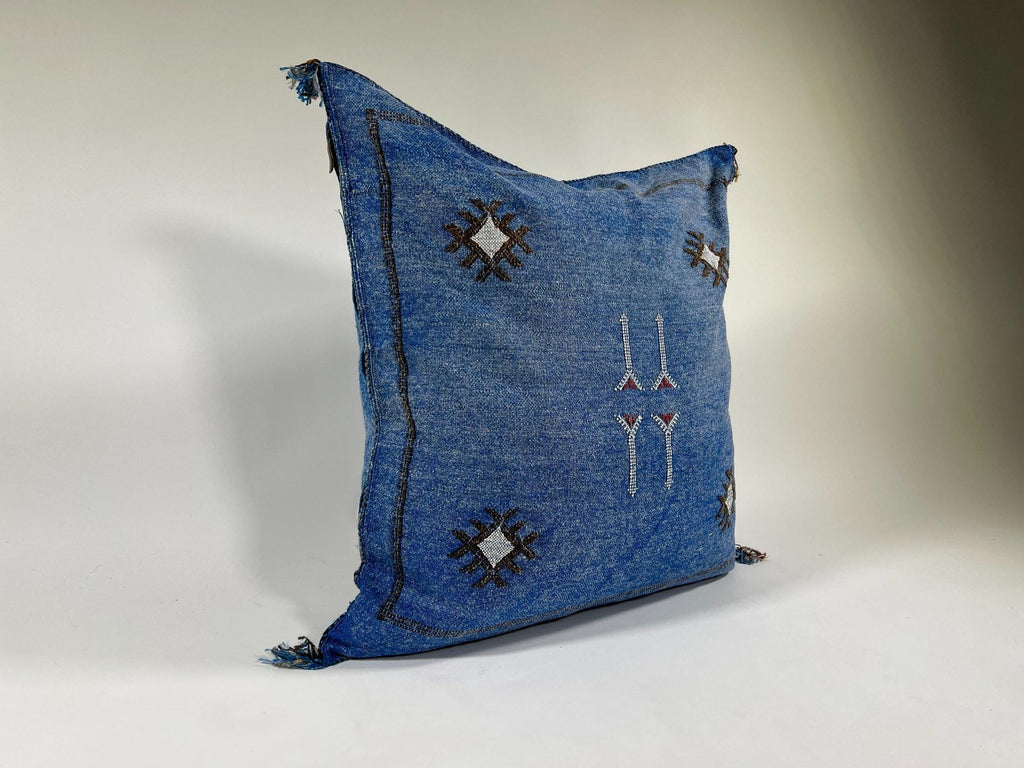 Blue Moroccan Silk Pillow Cover, Navy Boho Kilim Cushion, Handmade Tribal Pillow with Tassel Corners - product image 4