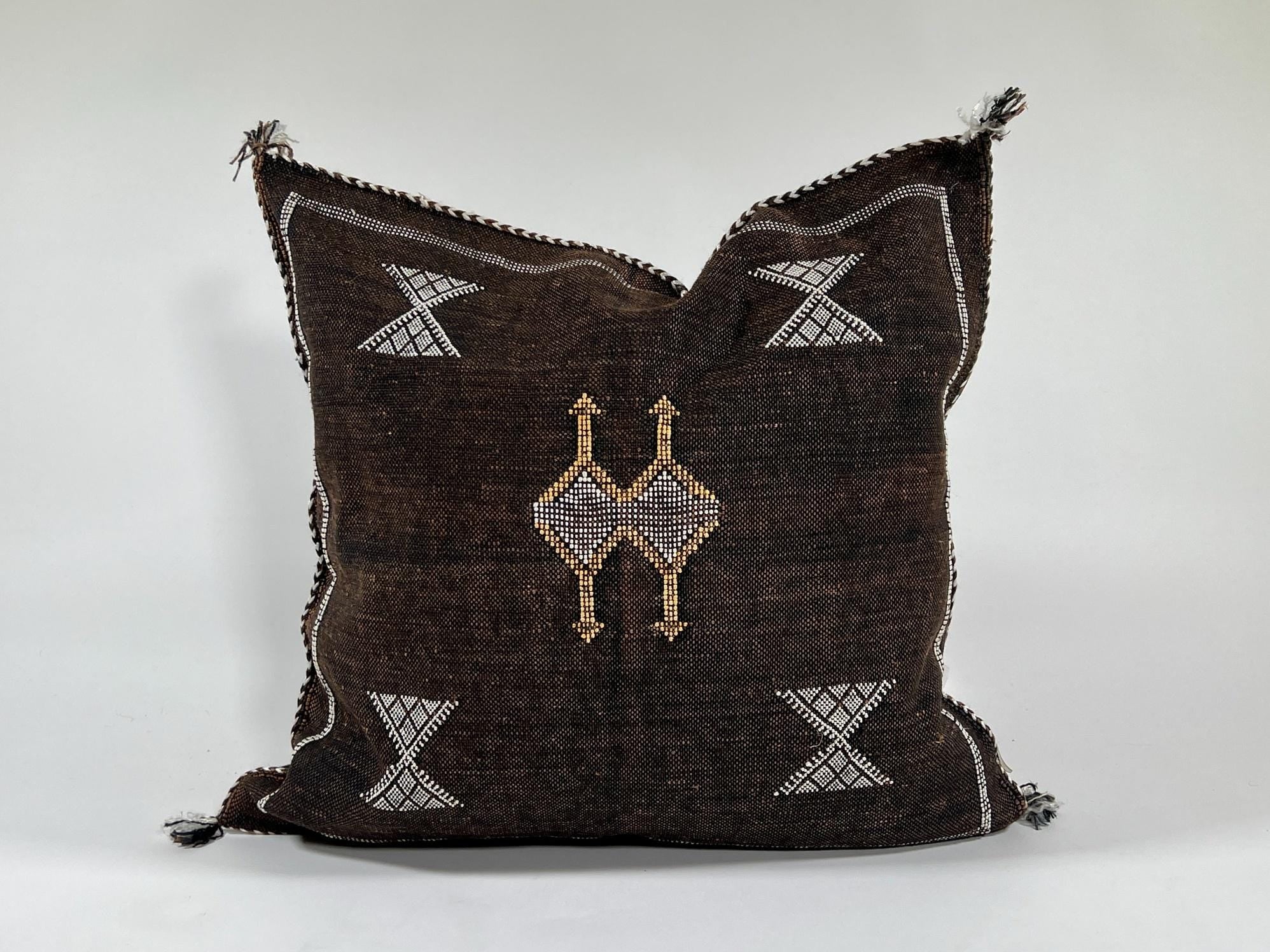 brown Moroccan Boho Silk Pillow Cover, Tribal Kilim Style Cushion with White Geometric Embroidery & Tasse - product image 2