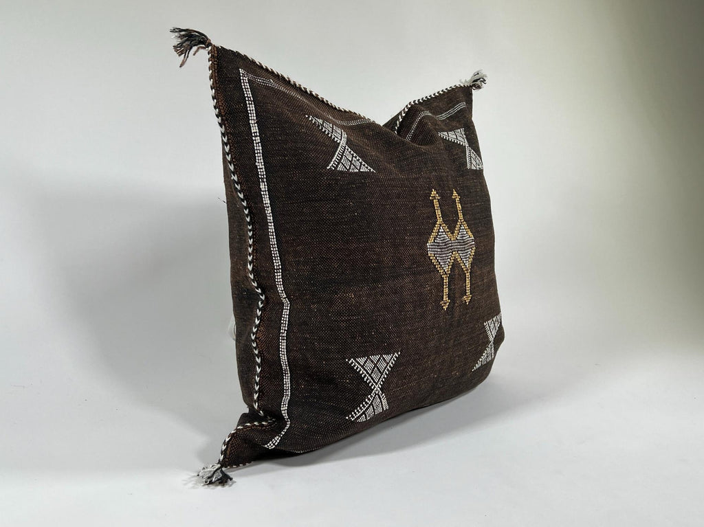 brown Moroccan Boho Silk Pillow Cover, Tribal Kilim Style Cushion with White Geometric Embroidery & Tasse - product image 4