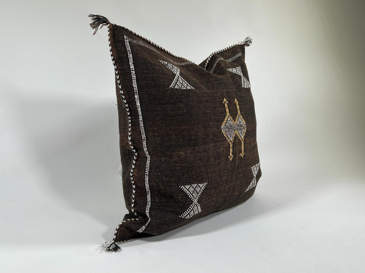 brown Moroccan Boho Silk Pillow Cover, Tribal Kilim Style Cushion with White Geometric Embroidery & Tasse - product image 4