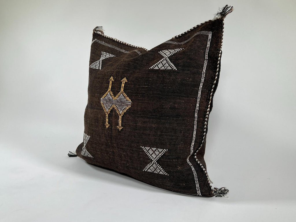 brown Moroccan Boho Silk Pillow Cover, Tribal Kilim Style Cushion with White Geometric Embroidery & Tasse - product image 3