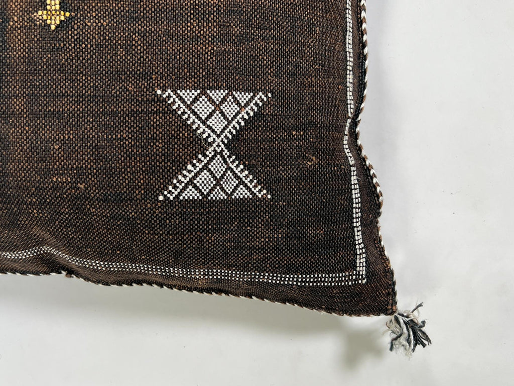 brown Moroccan Boho Silk Pillow Cover, Tribal Kilim Style Cushion with White Geometric Embroidery & Tasse - product image 6
