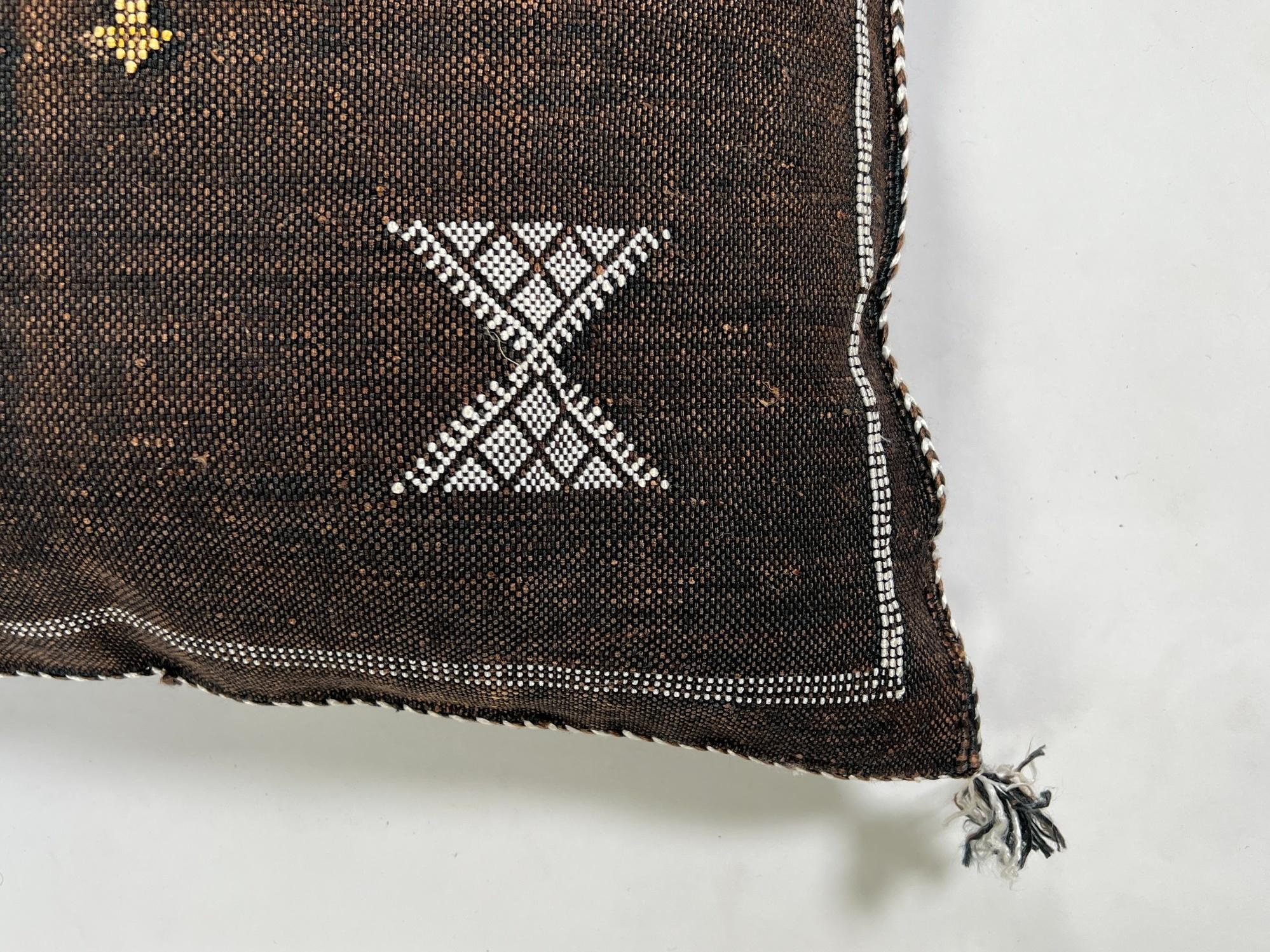 brown Moroccan Boho Silk Pillow Cover, Tribal Kilim Style Cushion with White Geometric Embroidery & Tasse - product image 6