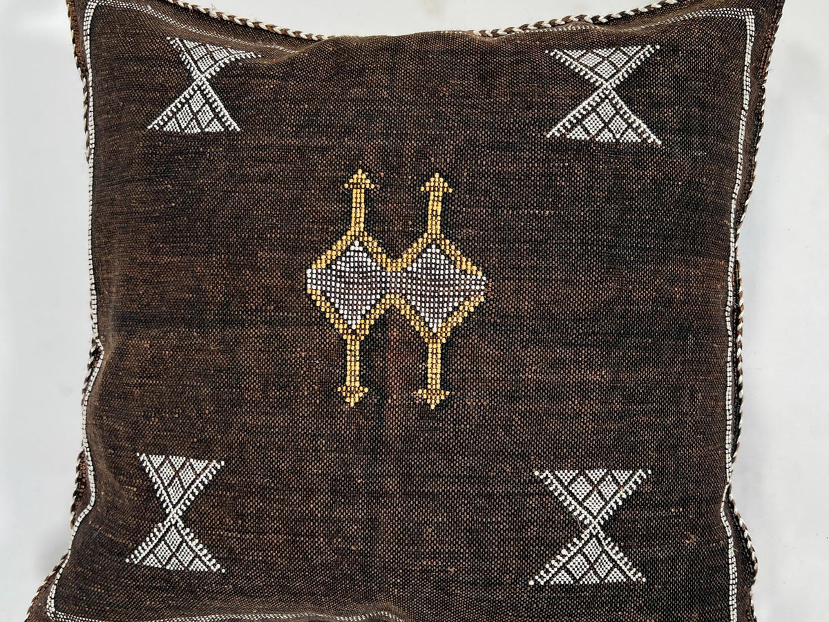brown Moroccan Boho Silk Pillow Cover, Tribal Kilim Style Cushion with White Geometric Embroidery & Tasse - product image 7