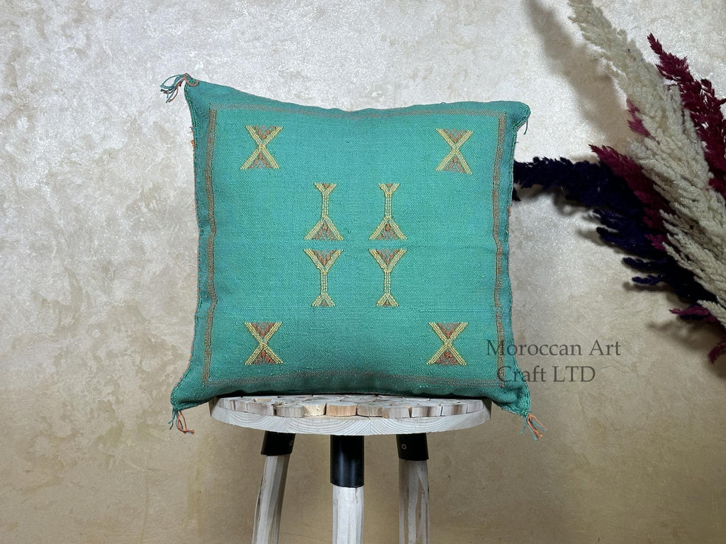 Teal Moroccan Pillow Cover, Gold Embroidered Boho Cushion, Handmade Berber Style Pillow for Sofa Bed Chai - product image 1