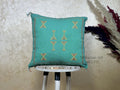 Teal Moroccan Pillow Cover, Gold Embroidered Boho Cushion, Handmade Berber Style Pillow for Sofa Bed Chai - product image 1