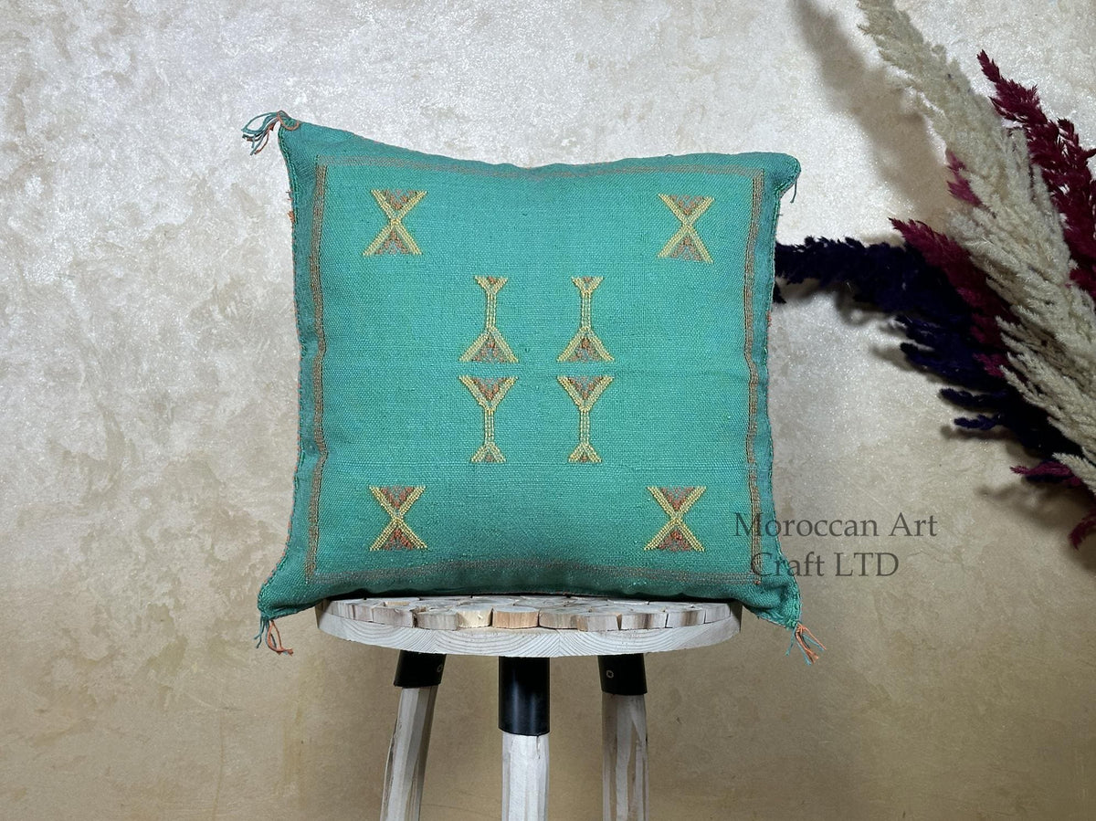 Teal Moroccan Pillow Cover, Gold Embroidered Boho Cushion, Handmade Berber Style Pillow for Sofa Bed Chai - product image 1