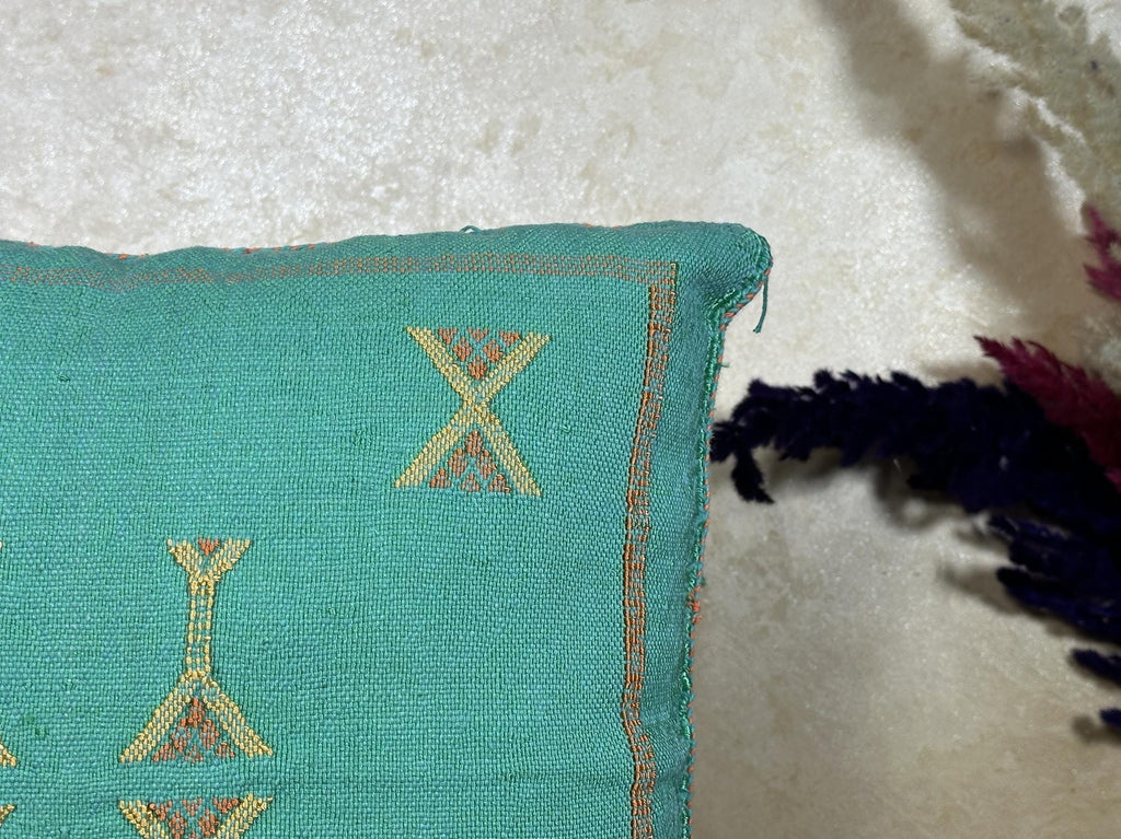 Teal Moroccan Pillow Cover, Gold Embroidered Boho Cushion, Handmade Berber Style Pillow for Sofa Bed Chai - product image 6