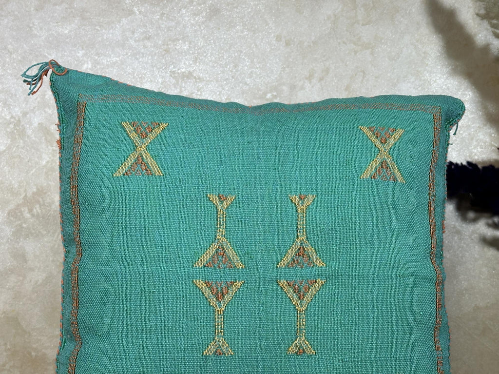 Teal Moroccan Pillow Cover, Gold Embroidered Boho Cushion, Handmade Berber Style Pillow for Sofa Bed Chai - product image 3