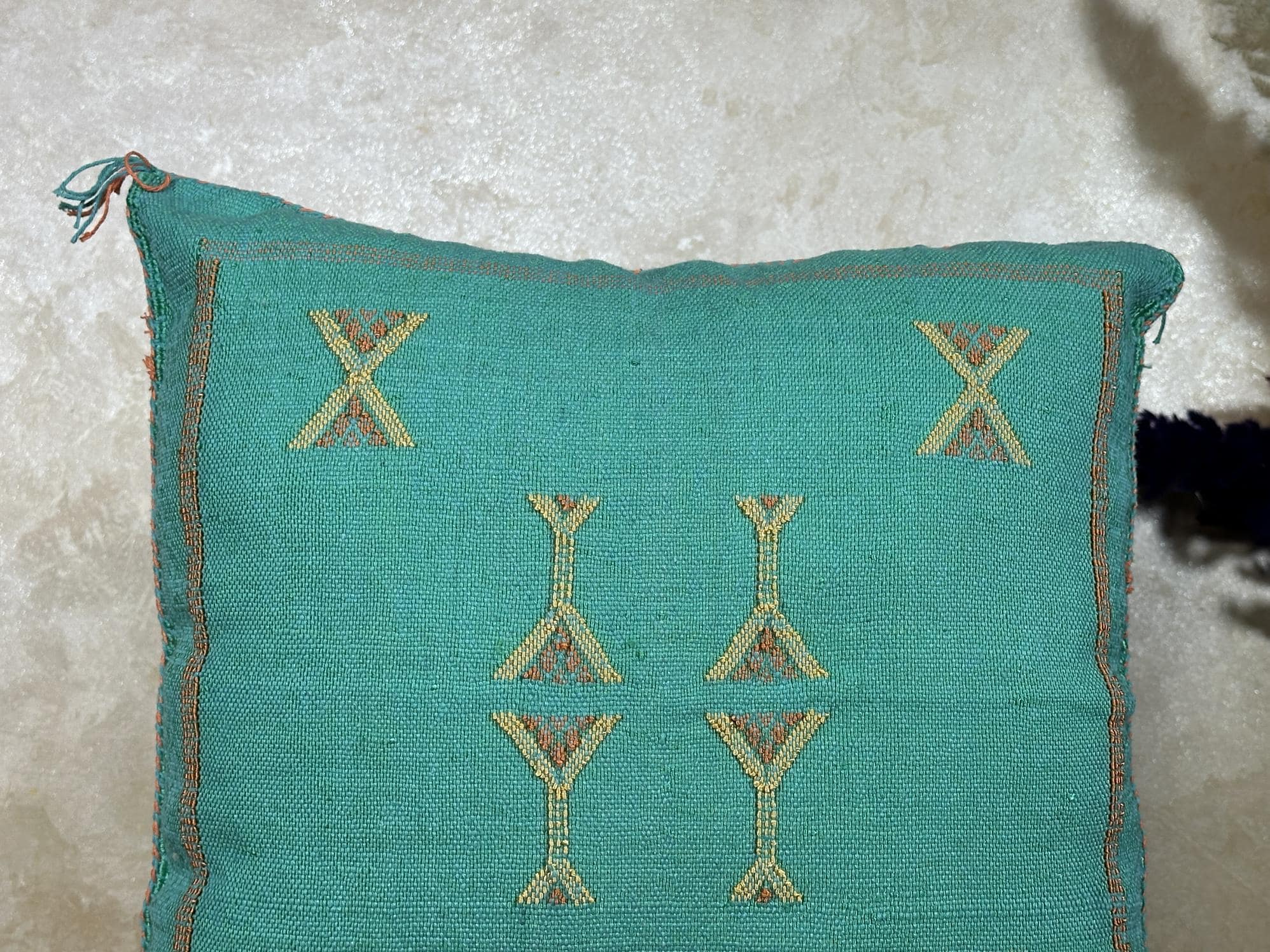 Teal Moroccan Pillow Cover, Gold Embroidered Boho Cushion, Handmade Berber Style Pillow for Sofa Bed Chai - product image 3