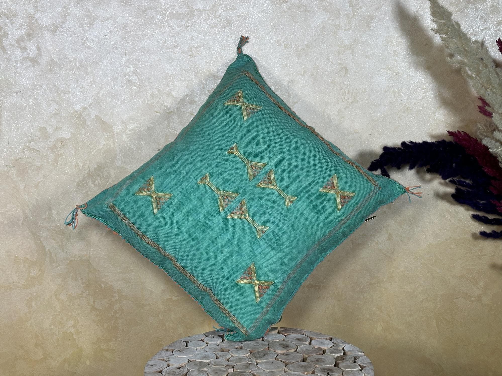 Teal Moroccan Pillow Cover, Gold Embroidered Boho Cushion, Handmade Berber Style Pillow for Sofa Bed Chai - product image 5