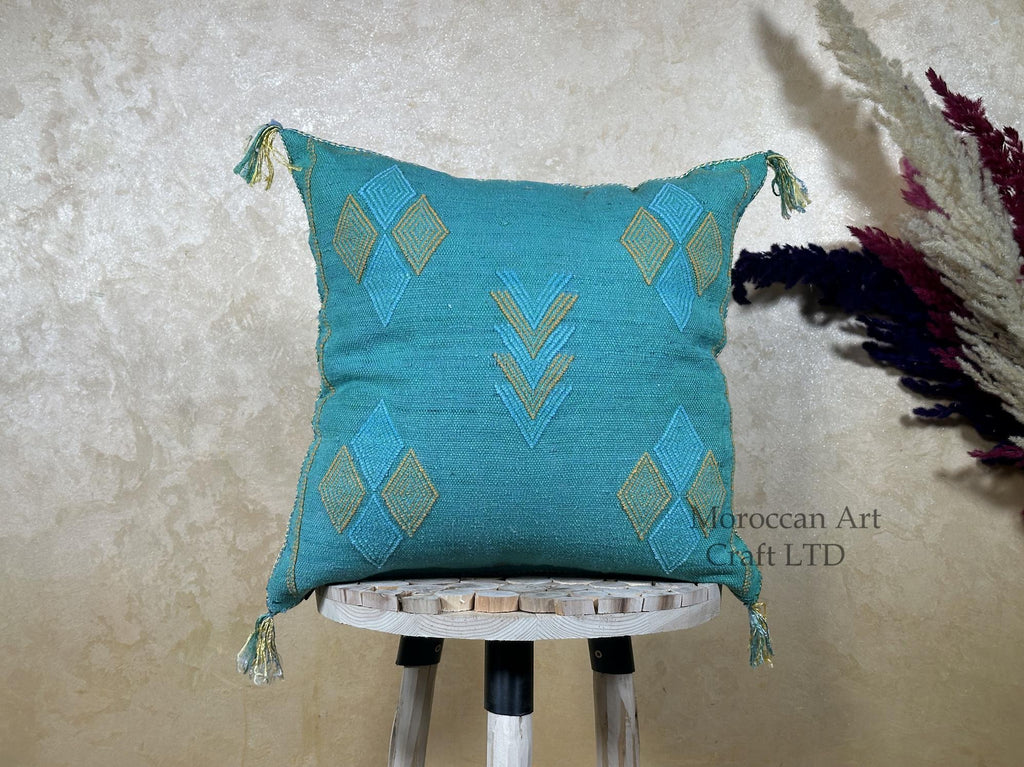 Turquoise Moroccan Cactus Silk Pillow Cover, Boho Woven Cushion Case with Gold Embroidery, Handmade Kilim - product image 1