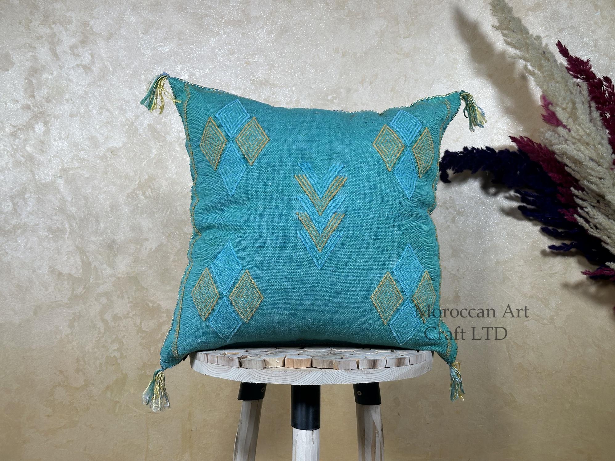 Turquoise Moroccan Cactus Silk Pillow Cover, Boho Woven Cushion Case with Gold Embroidery, Handmade Kilim - product image 1