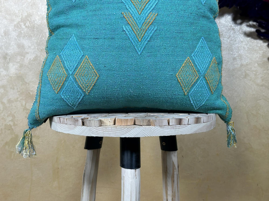 Turquoise Moroccan Cactus Silk Pillow Cover, Boho Woven Cushion Case with Gold Embroidery, Handmade Kilim - product image 2