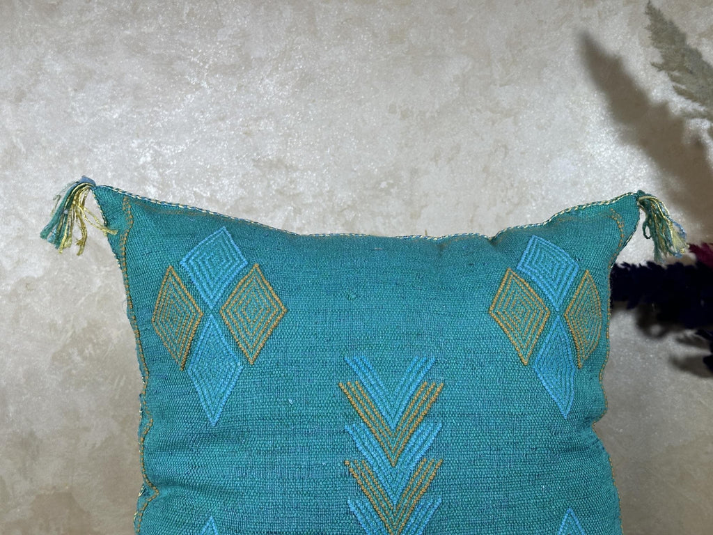 Turquoise Moroccan Cactus Silk Pillow Cover, Boho Woven Cushion Case with Gold Embroidery, Handmade Kilim - product image 6