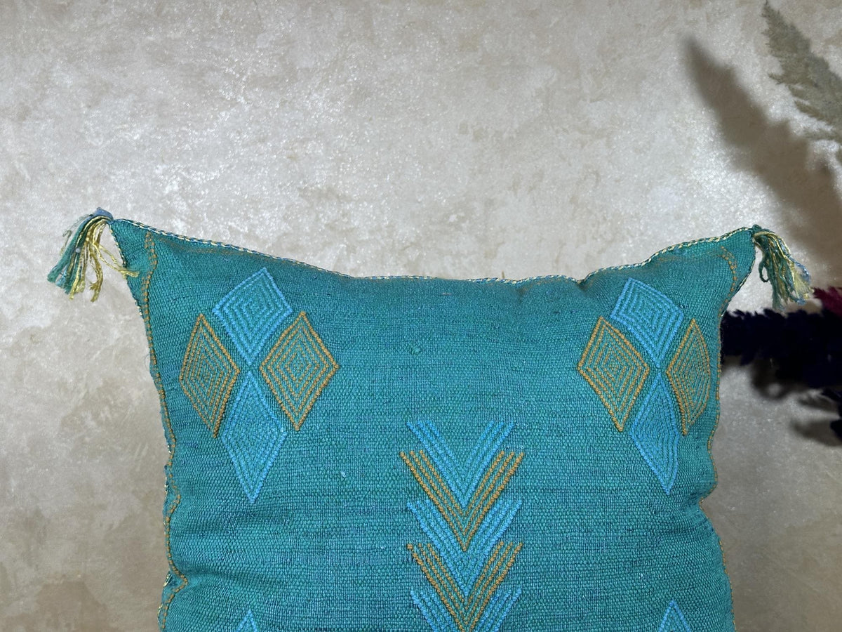 Turquoise Moroccan Cactus Silk Pillow Cover, Boho Woven Cushion Case with Gold Embroidery, Handmade Kilim - product image 6