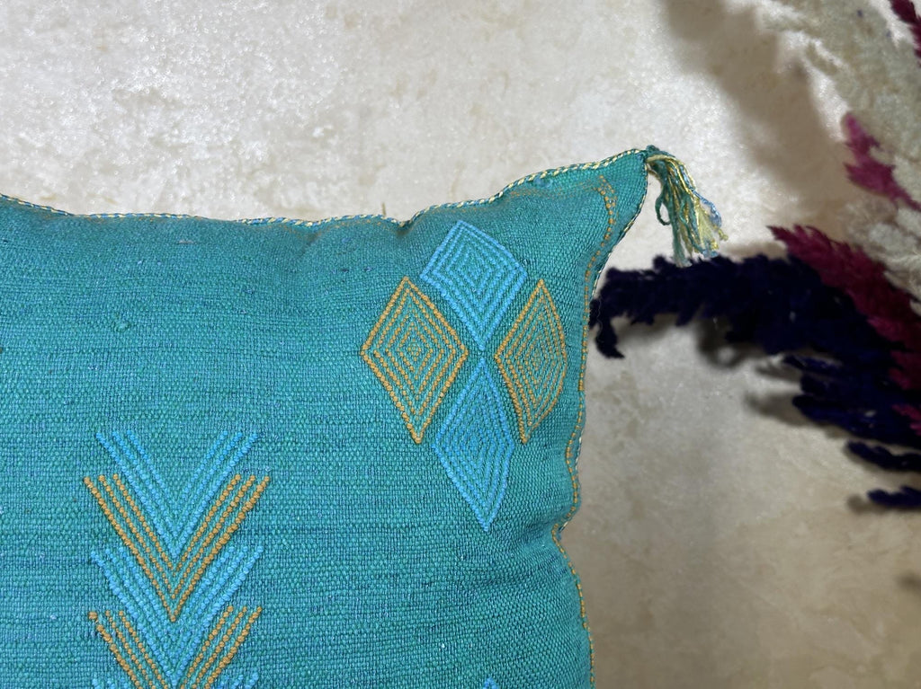 Turquoise Moroccan Cactus Silk Pillow Cover, Boho Woven Cushion Case with Gold Embroidery, Handmade Kilim - product image 3