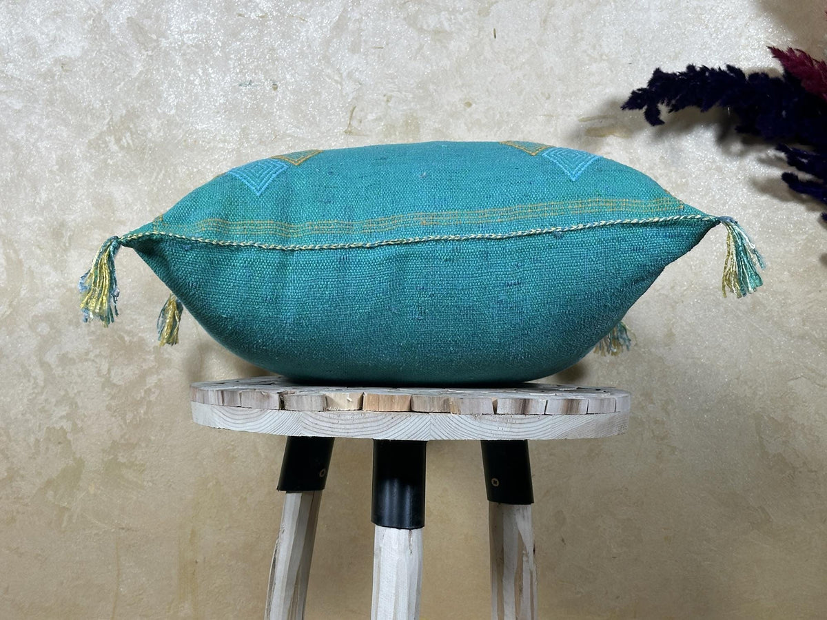 Turquoise Moroccan Cactus Silk Pillow Cover, Boho Woven Cushion Case with Gold Embroidery, Handmade Kilim - product image 7