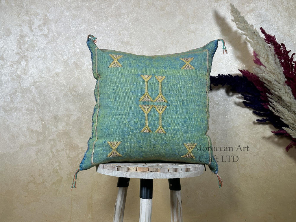 Teal Green Moroccan Silk Pillow Cover, Gold Berber Kilim Embroidery, Boho Tassel Cushion, Handmade Luxury - product image 1