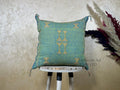 Teal Green Moroccan Silk Pillow Cover, Gold Berber Kilim Embroidery, Boho Tassel Cushion, Handmade Luxury - product image 1