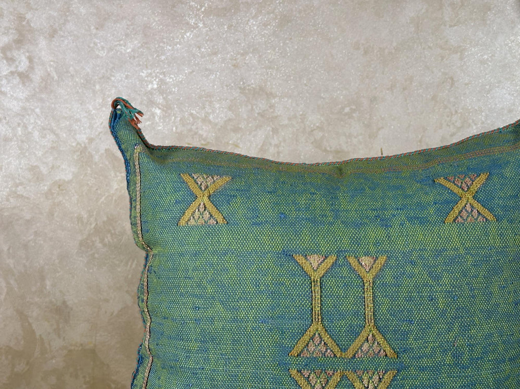 Teal Green Moroccan Silk Pillow Cover, Gold Berber Kilim Embroidery, Boho Tassel Cushion, Handmade Luxury - product image 3