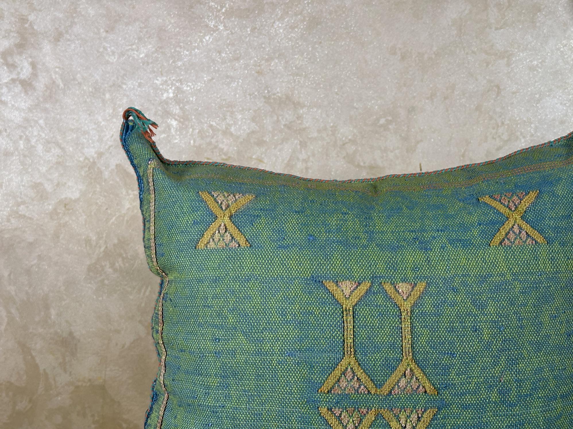 Teal Green Moroccan Silk Pillow Cover, Gold Berber Kilim Embroidery, Boho Tassel Cushion, Handmade Luxury - product image 3