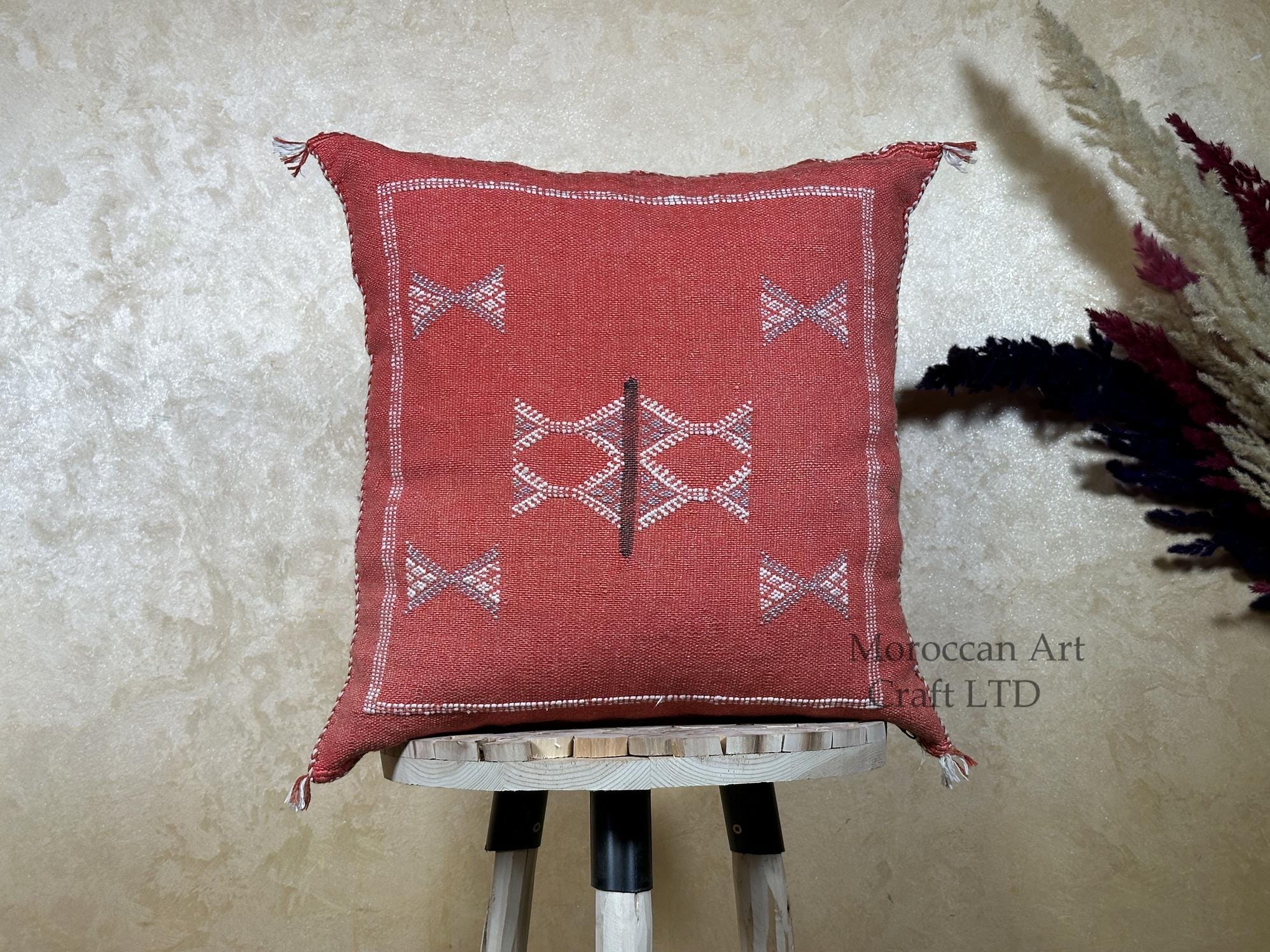 Terracotta Moroccan Pillow Cover, Handmade Kilim Cushion, Bohemian Woven Pillow Case, Ivory Stitch Boho D - product image 1