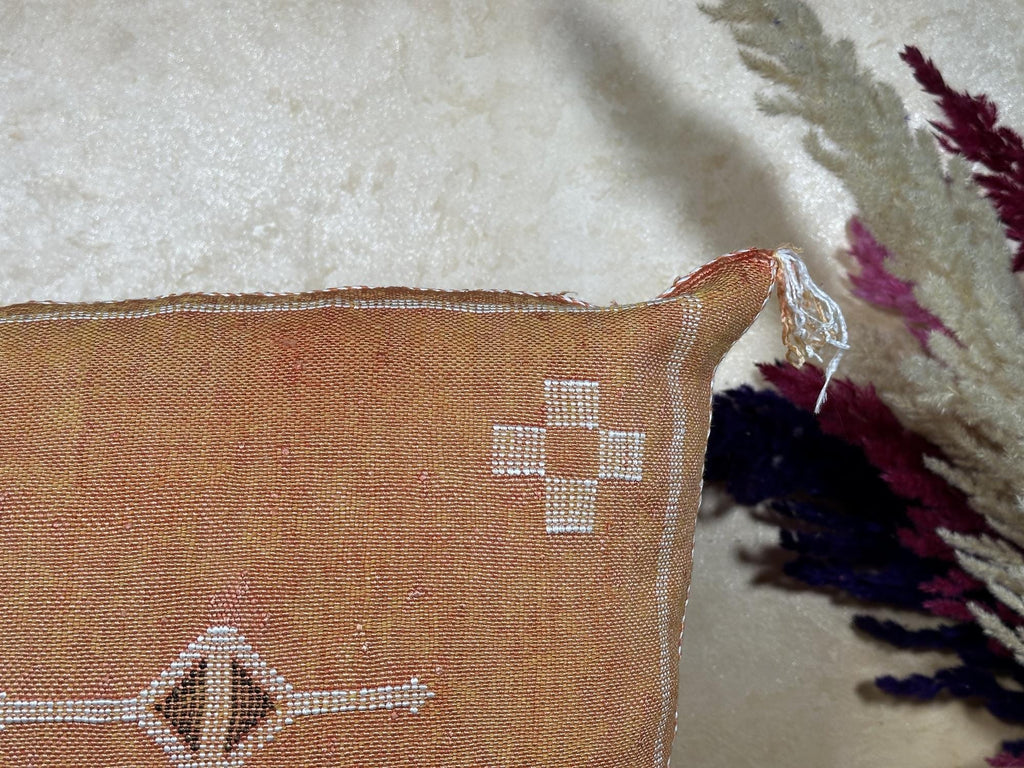 Caramel Moroccan Sabra Silk Pillow Cover, Boho Cushion Cover With Ivory Woven Design, Handmade Luxury Pil - product image 3