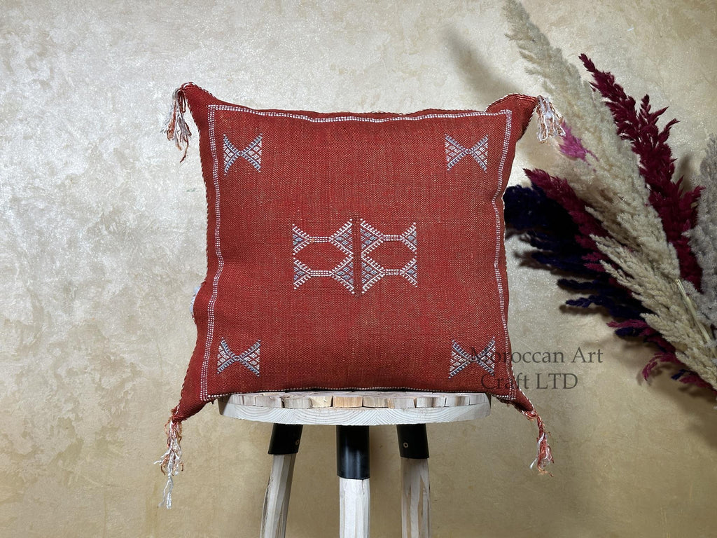 Rust Moroccan Pillow Cover, Cactus Silk Cushion, Boho Kilim Pillowcase, Handmade Embroidered Cushion Cove - product image 1
