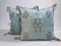 Blue Moroccan Cactus Silk Pillow Cover, Pale Turquoise Boho Cushion with Brown Geometric Embroidery & Cor - product image 1