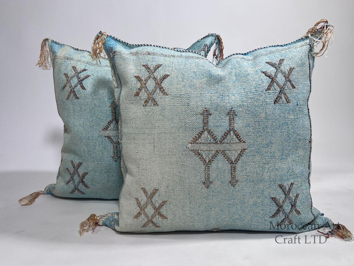 Blue Moroccan Cactus Silk Pillow Cover, Pale Turquoise Boho Cushion with Brown Geometric Embroidery & Cor - product image 1