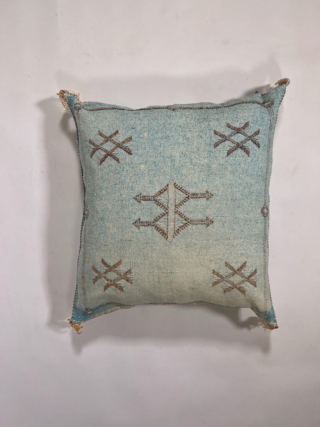 Blue Moroccan Cactus Silk Pillow Cover, Pale Turquoise Boho Cushion with Brown Geometric Embroidery & Cor - product image 5