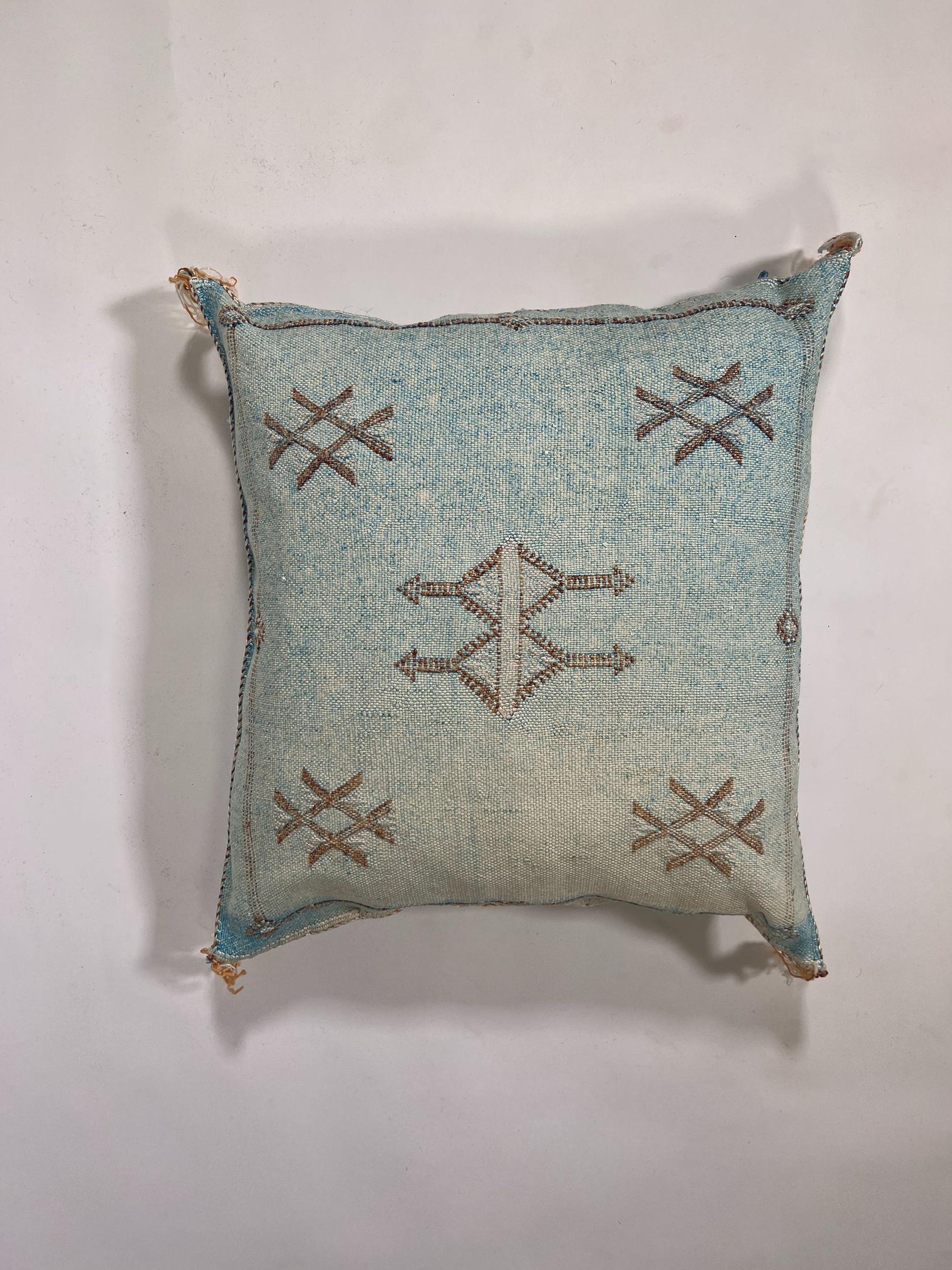Blue Moroccan Cactus Silk Pillow Cover, Pale Turquoise Boho Cushion with Brown Geometric Embroidery & Cor - product image 5