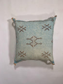 Blue Moroccan Cactus Silk Pillow Cover, Pale Turquoise Boho Cushion with Brown Geometric Embroidery & Cor - product image 5
