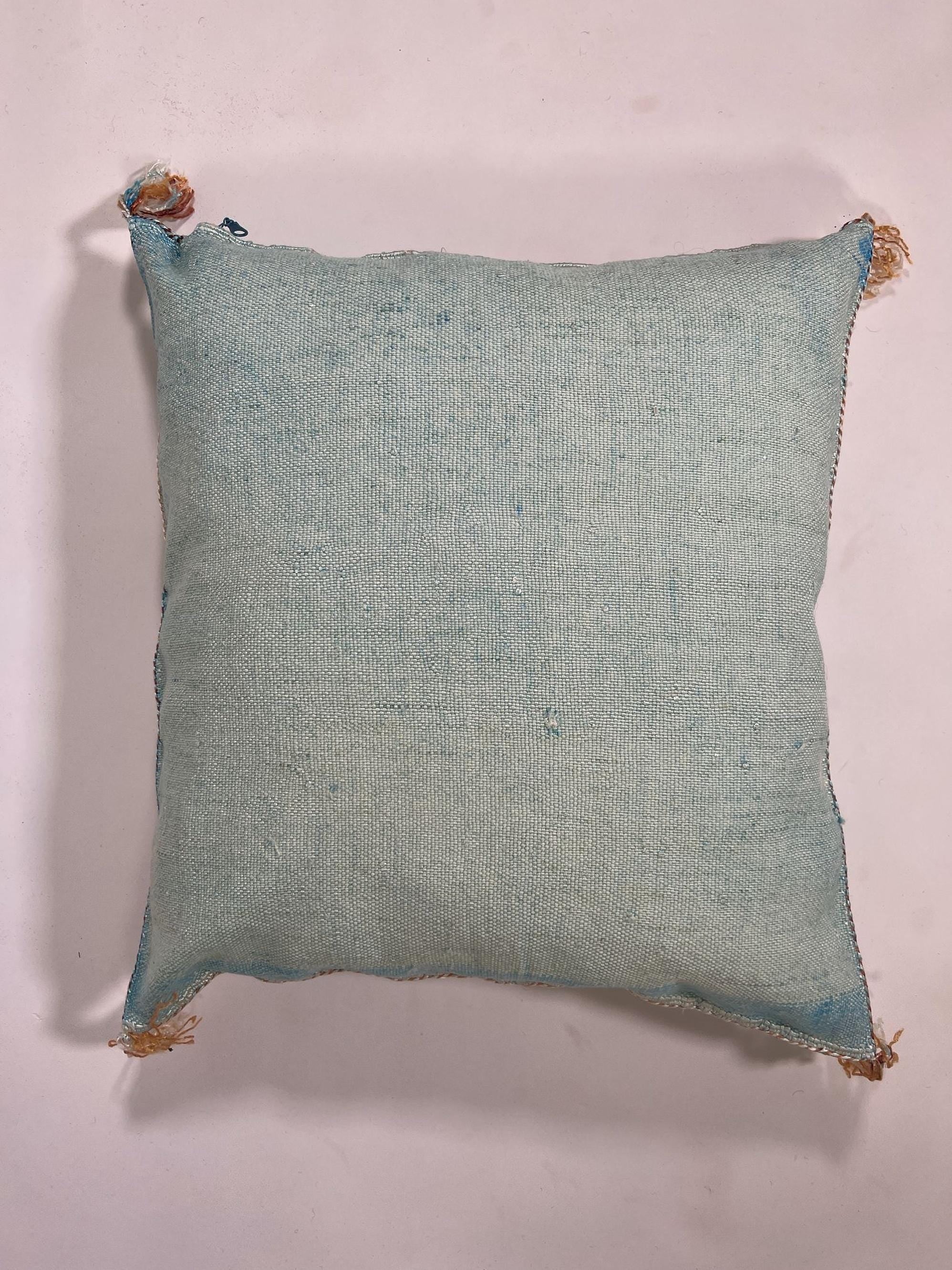 Blue Moroccan Cactus Silk Pillow Cover, Pale Turquoise Boho Cushion with Brown Geometric Embroidery & Cor - product image 8