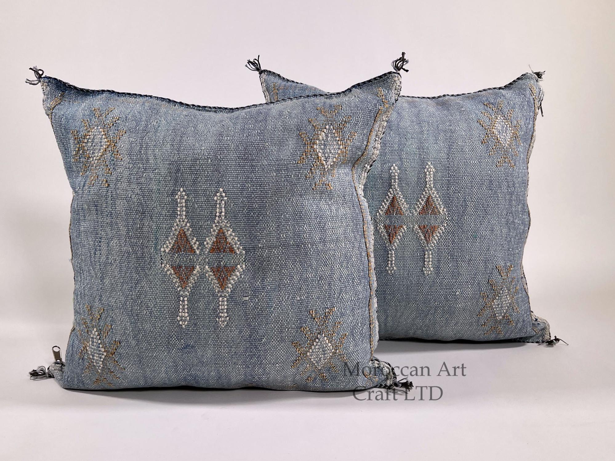 Blue Moroccan Silk Pillow Cover, Boho Tufted Geometric Cushion, Handmade Cactus Silk Kilim Pillow Sham - product image 1