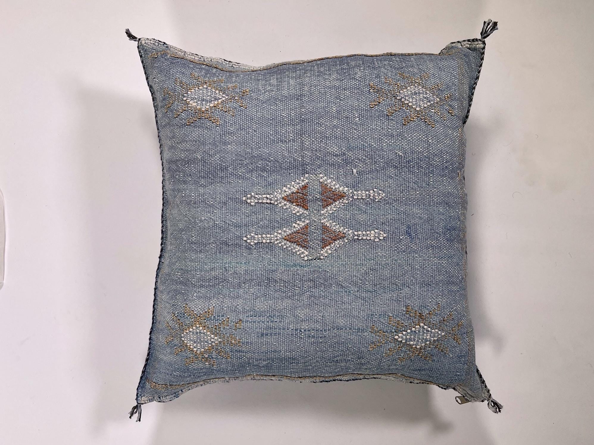 Blue Moroccan Silk Pillow Cover, Boho Tufted Geometric Cushion, Handmade Cactus Silk Kilim Pillow Sham - product image 5