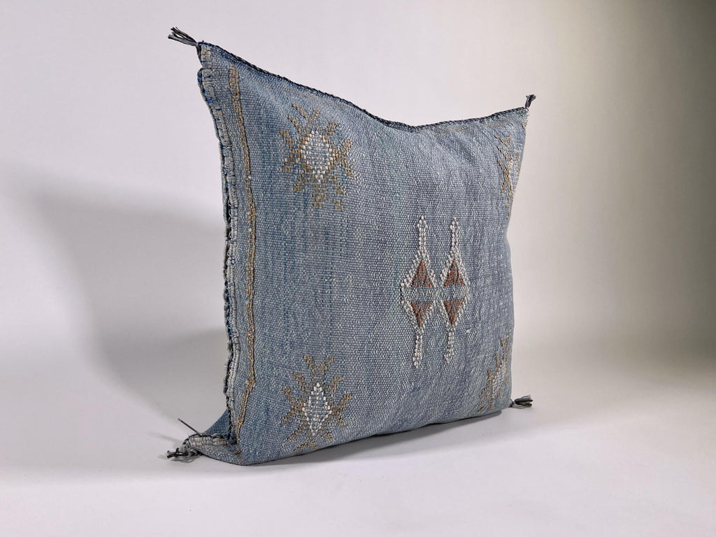 Blue Moroccan Silk Pillow Cover, Boho Tufted Geometric Cushion, Handmade Cactus Silk Kilim Pillow Sham - product image 4