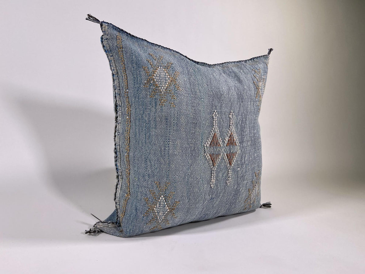 Blue Moroccan Silk Pillow Cover, Boho Tufted Geometric Cushion, Handmade Cactus Silk Kilim Pillow Sham - product image 4
